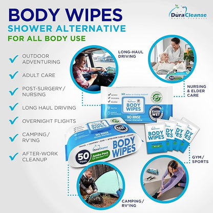 Body Wipes for Adults Bathing No Rinse - 20 Count Travel Shower Wipes - 9" x 12" Individually Wrapped Thick Cleansing Waterless Wash Scrubs - Disposable Washcloths for Camping & Elderly Incontinence