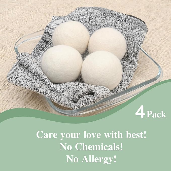 Organic Wool Dryer Balls for Dryer - XL Reusable Fabric Softener Ball for Wrinkle-Free Clothes - Time Saving Handmade Wool Laundry Balls for Dryer (White - 4 Pack)