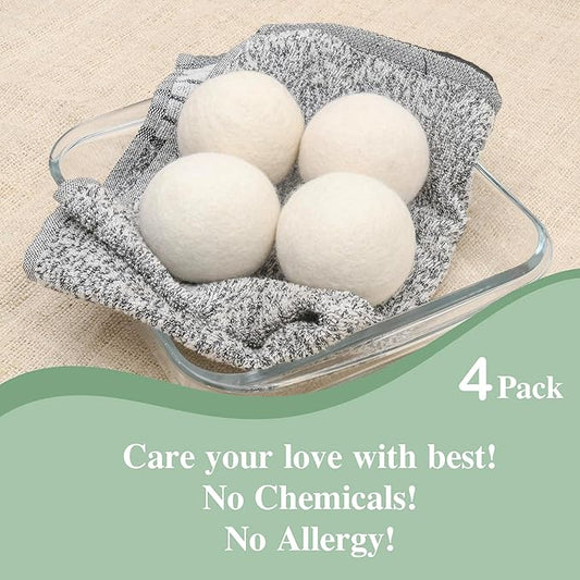 Organic Wool Dryer Balls for Dryer - XL Reusable Fabric Softener Ball for Wrinkle-Free Clothes - Time Saving Handmade Wool Laundry Balls for Dryer (White - 4 Pack)