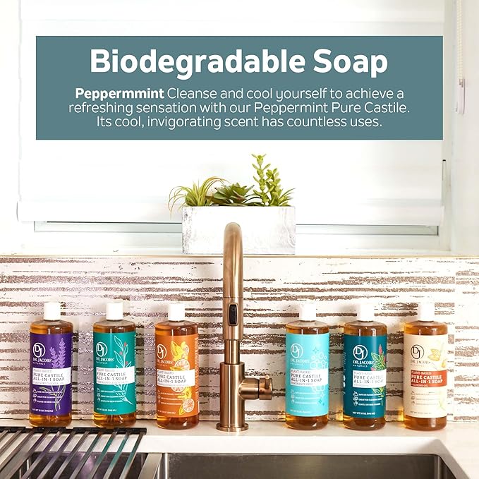 Dr. Jacobs Naturals Peppermint Castile Soap All-Purpose Cleaner, Effective Plant-Based Formula for House Cleaning. Eco-friendly for Home Essentials and the Planet (32 Fl Oz, 1 Pack)