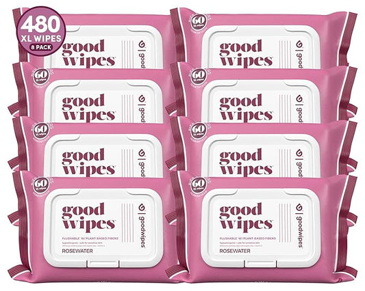 Goodwipes Flushable Butt Wipes Made with Vitamin E & Aloe - Soft & Gentle Wet Wipe Dispenser for Home Use, Septic & Sewer Safe - Largest Adult Toilet Towelettes - Rosewater, 480 Count (8 Packs)