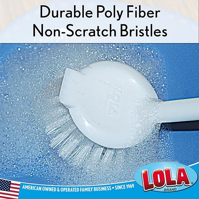 Lola Products Dish Brush w/Scraper, Durable Fiber Non-Scratch Bristles, Ergonomic Non-Slip Grip Handle, for Baked-on & Caked-on Messes, 2 Pack