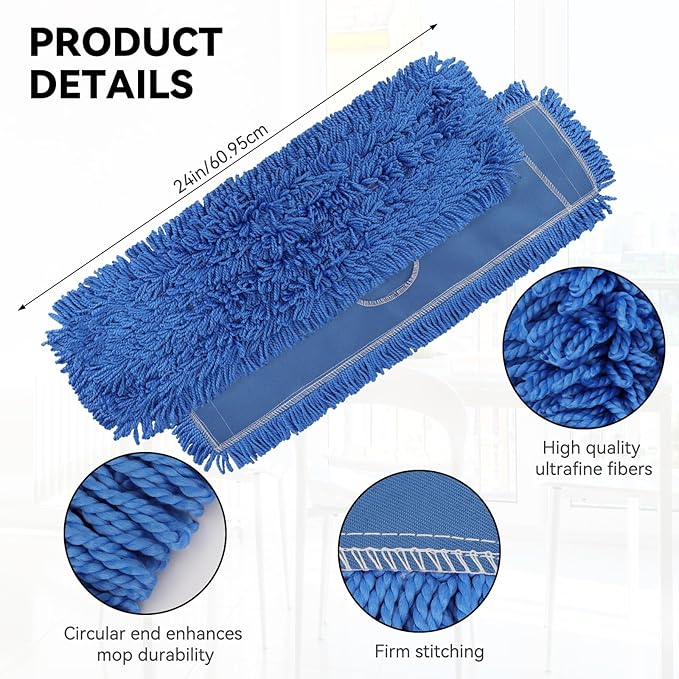 24 Inch Dust Mop Head: Replacement Medium Washable Commercial Mop Head - Sweeper and Janitorial Dust Mop Head Replacement Blue (Blue - 24 Inch, 6 Pack)