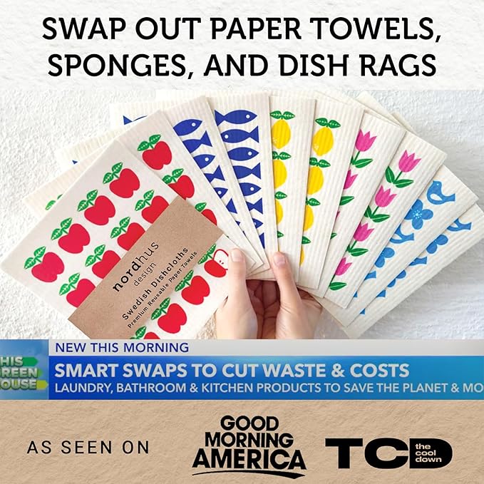 Nordhus Design Swedish Dishcloths, 10 Reusable Paper Towels, Made in Sweden - Reusable, Washable Cellulose Cotton Kitchen Cloths - Biodegradable, Absorbent & Quick Drying