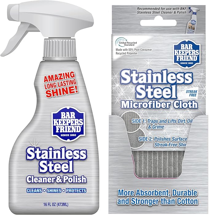 Bar Keepers Friend Stainless Steel Cleaner and Polish Spray (16 oz) Plus 1 Microfiber Cleaning Cloth, 2pc Cleaning Kit to Remove Oily Fingerprints, Grime and Food Debris without Dulling Surfaces