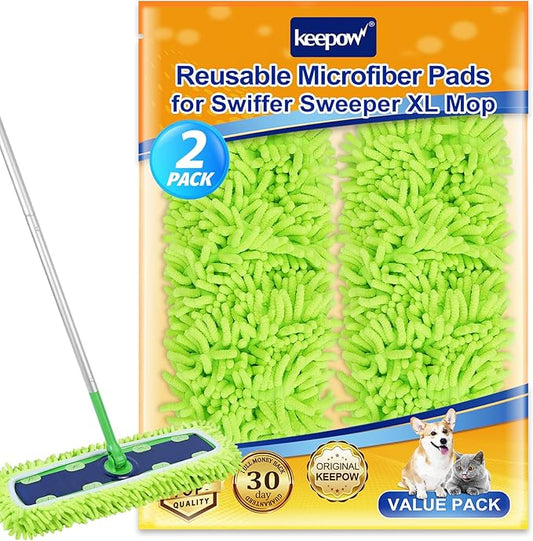 KEEPOW Reusable XL Mop Pads Compatible with Swiffer XL Sweeper, X-Large Dry Sweeping Cloths & Wet Mopping Cloths, Washable Microfiber XL Wet Pads Refills for Surface/Hardwood Floor Cleaning, 2 Pack