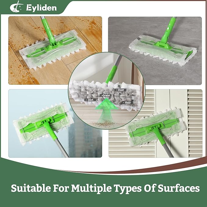 Eyliden Disposable Mop Starter Kit - 60 Refills Pack: 1 Sweeper, 12 Wet Cloths, 36 Pet Hair Mop Pads, 12 Dry Sweeping Cloths