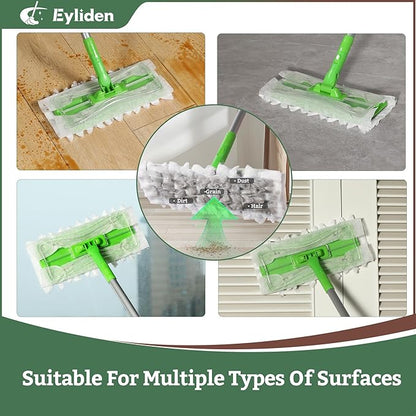 Eyliden Disposable Mop Starter Kit - 60 Refills Pack: 1 Sweeper, 12 Wet Cloths, 36 Pet Hair Mop Pads, 12 Dry Sweeping Cloths