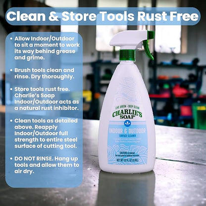 Charlie's Soap Indoor & Outdoor Surface Cleaner Refill (107 Fl. Oz.) Biodegradable Natural Outdoor Cleaning Spray – Safe for Indoor Use (2 Pack - One 32oz Sprayer and One 75oz Refill)