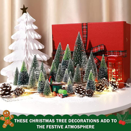 Set of 35PCS Mini Christmas Tree, Christmas Pine Cones, 2oz Fake Snow Powder, Mixed Christmas Decoration, Xmas Village Displays Winter DIY Crafts (Two-Tone Green)