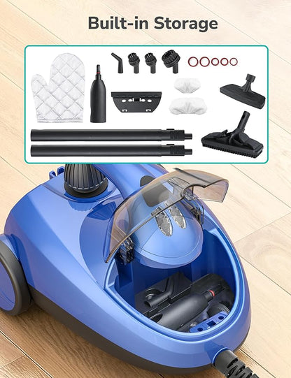 Steam Cleaner with 21 Accessories, 5 Minutes Fast Heating, Multipurpose Portable Canister Steamer for Floors, Carpet, Cars, Tiles, Grout Cleaning, Chemical-free, 1.5L Capacity