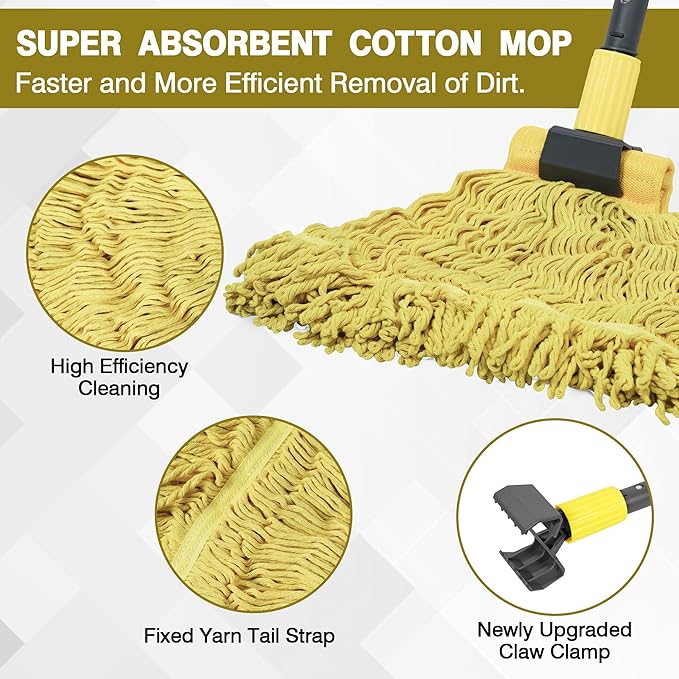 JEHONN Commercial Mop Heavy Duty Industrial String Mops with 57.5 inches Long Handle, Professional Dry Wet Cotton Mop for Cleaning Hardwood Floor Concrete Tile Home Kitchen Office Garage (Yellow)