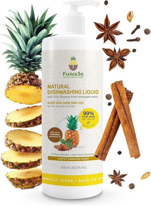 Fuwa3e Pineapple Enzyme Natural Dish Soap Earthy Cinnamon Scent - 16.9oz 1 Pack - 99% Plant Based Dish Liquid - Hypoallergenic Dish Soap from Discarded Pineapple Peels