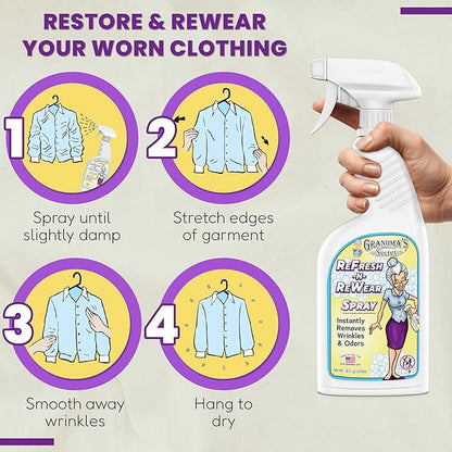 Grandma's Secret Refresh N ReWear Spray - Instantly Removes Wrinkles & Odors - Wrinkle Release, Fabric Refresher Spray, Chlorine, Bleach and Toxin-Free - 16 Ounce, 3 Pack