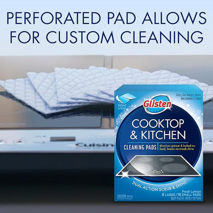 Glisten Cooktop and Kitchen Cleaning Pads for Glass, Gas Ranges, Ovens, Microwaves, and More, Dissolves Grease and Baked on Foods, Lemon Scent, 24 Large Pads or 48 Small Pads
