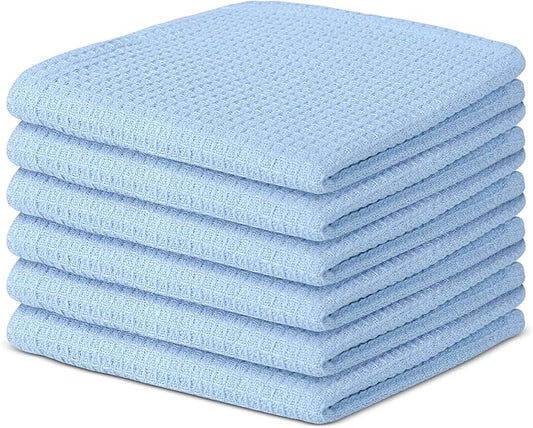 100% Cotton Waffle Dish Cloths (Pack of 6) - Dish Rags for Washing Dishes - Reusable & Highly Absorbent Kitchen Towels - Multipurpose Kitchen Rags - (12" x 12" - Light Blue)