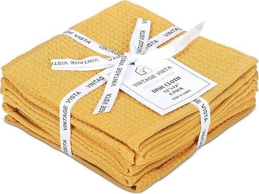 100% Cotton Waffle Dish Cloths (Pack of 6) - Dish Rags for Washing Dishes - Reusable & Highly Absorbent Kitchen Towels - Multipurpose Kitchen Rags - (12" x 12" - Yellow)