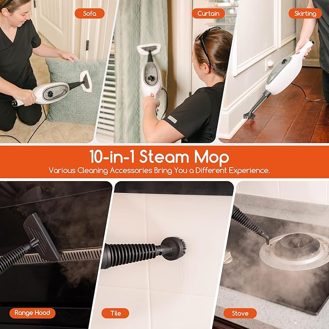 Steam Mops for Floor Cleaning, Unique Double-Sided Flip Design, 15 Seconds Fast Heating，10-in-1 Steam Cleaner for Kitchen, Living Room Wood Floor Tile Cleaning