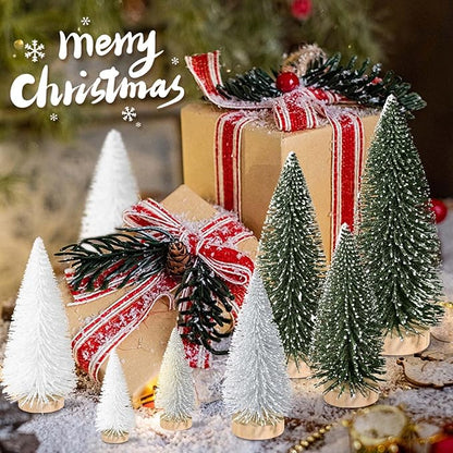 9pcs Mini Christmas Tree Desktop, Artificial Christmas Pine Tree, Mini Bottle Brush Trees Tabletop, Small Sisal Trees with Wooden Bases, Xmas Holiday Decor (Green-Silver-White)