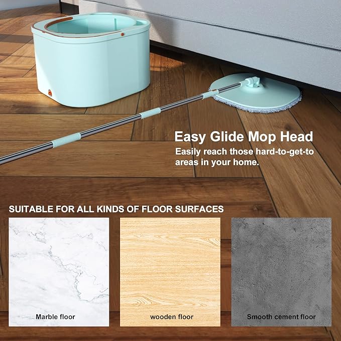 MOLACHI Flat Floor Mop and Bucket System Set with Wringer, Self Wringing Microfiber Spin Mops Bucket for Hardwood, Laminate, Tile, Floor Cleaning, Separate Dirty Water, Wet and Dry Use, Bright Green