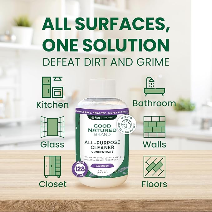 Good Natured Brand All-Purpose Cleaner Concentrate | Multi-Surface Cleaner | Natural Lavender Essential Oil | Multipurpose Cleaner Concentrate All Surfaces | Lavender | 8oz makes 128oz