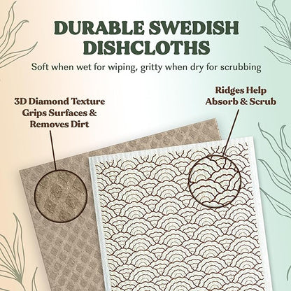 FEBU Swedish Dishcloths for Kitchen | 5 Pack Floral Reusable Paper Towels Washable | Swedish Dish Towels | Non-Scratch Cellulose Sponge Cloths | No Odor, Biodegradable Cleaning Cloths