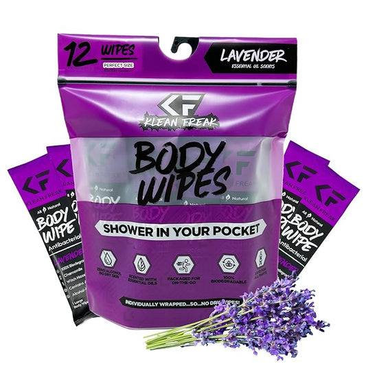 12-Count Body Wipes by Klean Freak - Original Disposable Wipes, Individually Wrapped for the Gym, Workout, Hiking, Travel, and Sport (Lavender)