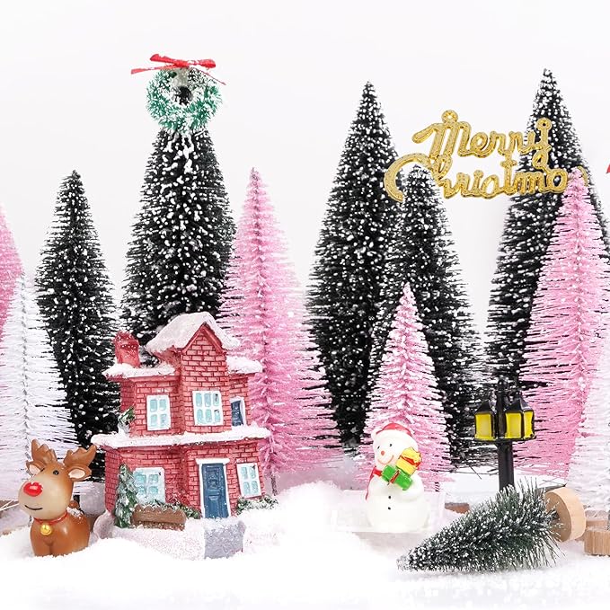 Waipfaru Pink Christmas Decorations, Mini Bottle Brush Christmas Trees, 21 Pcs Miniature Small Pine Trees for Xmas Tabletop Crafts Indoor Table Home Decor (Pink & White)