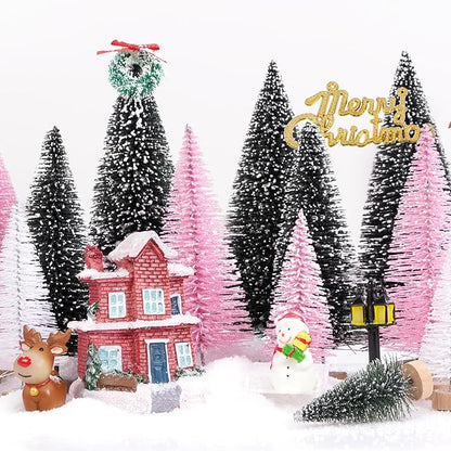 Waipfaru Pink Christmas Decorations, Mini Bottle Brush Christmas Trees, 21 Pcs Miniature Small Pine Trees for Xmas Tabletop Crafts Indoor Table Home Decor (Pink & White)