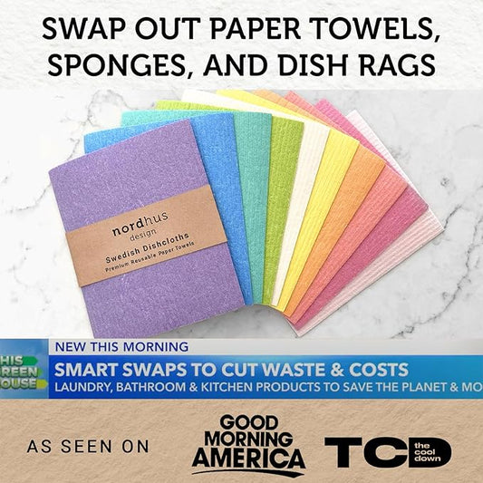 Nordhus Design Swedish Dishcloths, Multi Colors, 10-Pack, Reusable, Washable Cellulose Cotton Kitchen Cloths - Replace Paper Towels, Wipes, Sponges, Dish Rags
