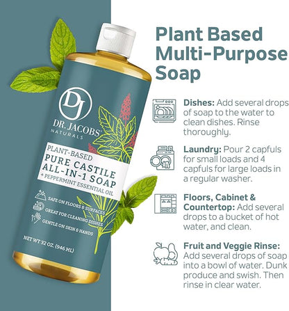Dr. Jacobs Naturals Peppermint Castile Soap All-Purpose Cleaner, Effective Plant-Based Formula for House Cleaning. Eco-friendly for Home Essentials and the Planet (32 Fl Oz, 1 Pack)