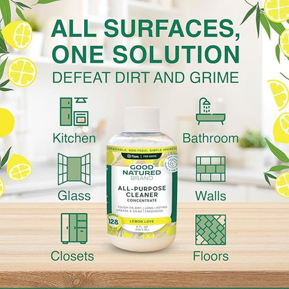 Good Natured Brand All-Purpose Cleaner Concentrate | Multi-Surface Cleaner | Natural Lemon Essential Oil | Multipurpose Cleaner Concentrate All Surfaces | Lemon Love | 8oz makes 128oz