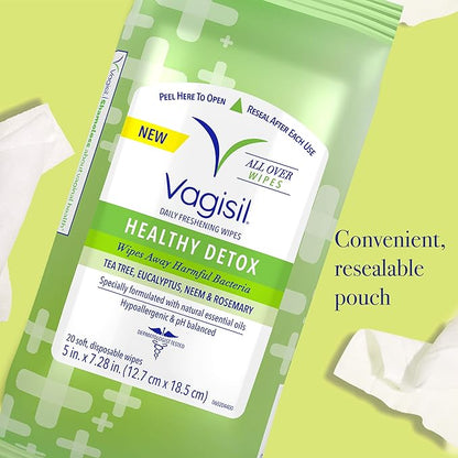 Vagisil Wipes for All Over Cleaning, Health Detox, Formulated with Essential Oils, 20 Wipes in a Re-Sealable Pouch (Pack of 3)
