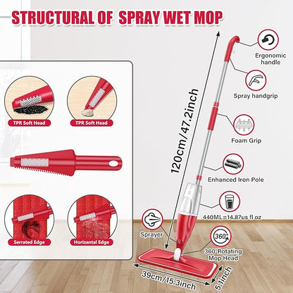 Spray Wet Mops for Hardwood Floor Cleaning, EXEGO Microfiber Dry Dust Spray Mop with 3 Washable Pads fit for Swiffer PowerMop, Wet Jet Mop Flat Floor Mop with Sprayer for Wood Laminate Ceramic Tiles