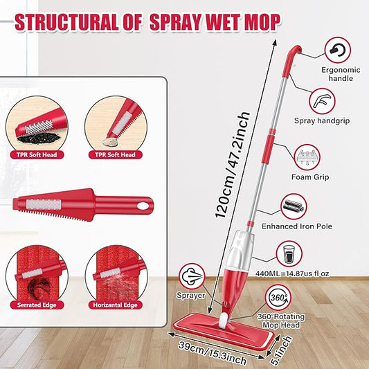 Spray Wet Mops for Hardwood Floor Cleaning, EXEGO Microfiber Dry Dust Spray Mop with 3 Washable Pads fit for Swiffer PowerMop, Wet Jet Mop Flat Floor Mop with Sprayer for Wood Laminate Ceramic Tiles