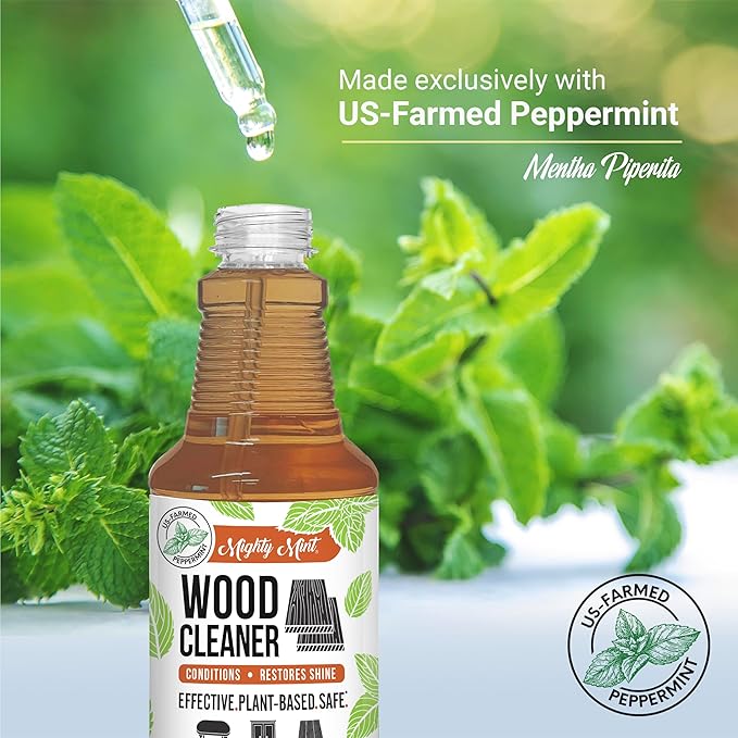 Mighty Mint Wood Cleaner and Conditioner, Non-Toxic, Spray Cleans and Renews Wood, Natural Peppermint Scent, 16oz