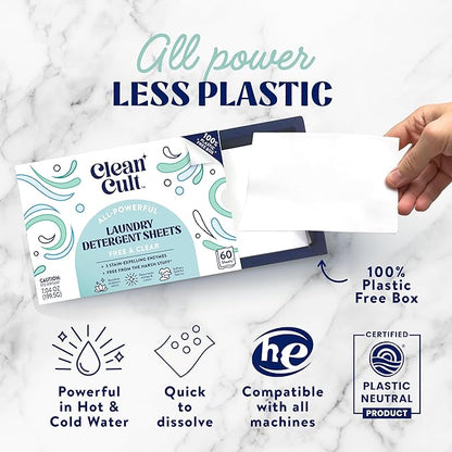 Cleancult Laundry Detergent Sheets - Resealable Box - 3 Stain Fighting Enzymes - Fragrance Free - 60 Loads - Free of Harsh Chemicals - No Mess - No Plastic Waste