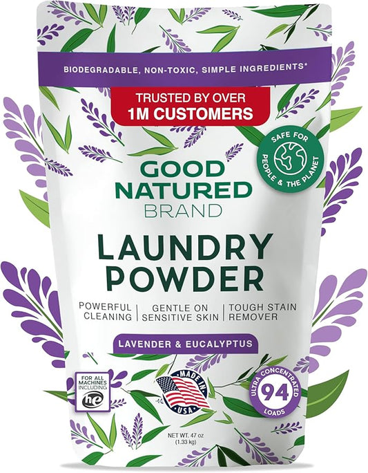 Good Natured Brand | Natural Laundry Detergent Powder | Washing Soda for Laundry | Tough Stain Remover | Hypoallergenic, Safe for Sensitive Skin | Eco-friendly | Lavender & Eucalyptus | 47oz 94 Loads