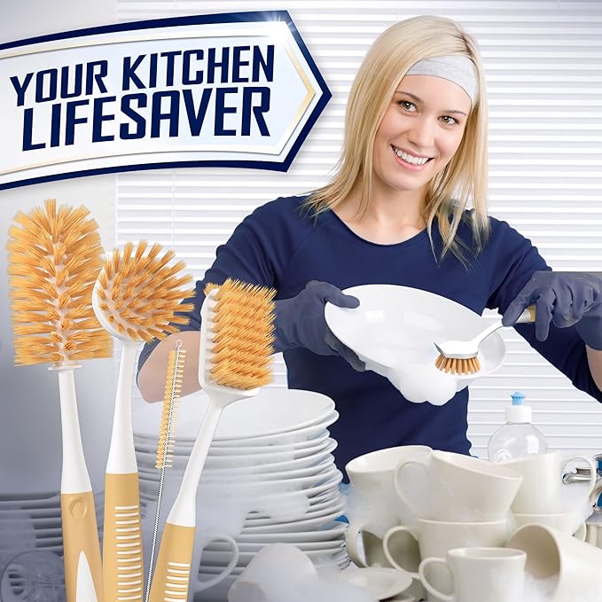 Dish Brush Set of 4 - Kitchen Scrub Brushes with Non-Slip Long Handle for Cleaning, Scrubber, Dishwashing, Dishes, Bottles, Straws, Cups, Pots & Sink, Baige