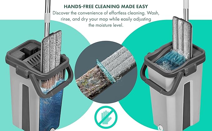 Mop Bucket Set with 12 Microfiber Cleaning Towels and a Cleaning Brush, Mops for Floor Cleaning, Cleaning Tools, Mob, mop and Bucket with Wringer Set for Home with 6 Washable Microfiber Pads