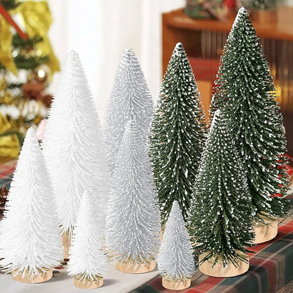 9pcs Mini Christmas Tree Desktop, Artificial Christmas Pine Tree, Mini Bottle Brush Trees Tabletop, Small Sisal Trees with Wooden Bases, Xmas Holiday Decor (Green-Silver-White)