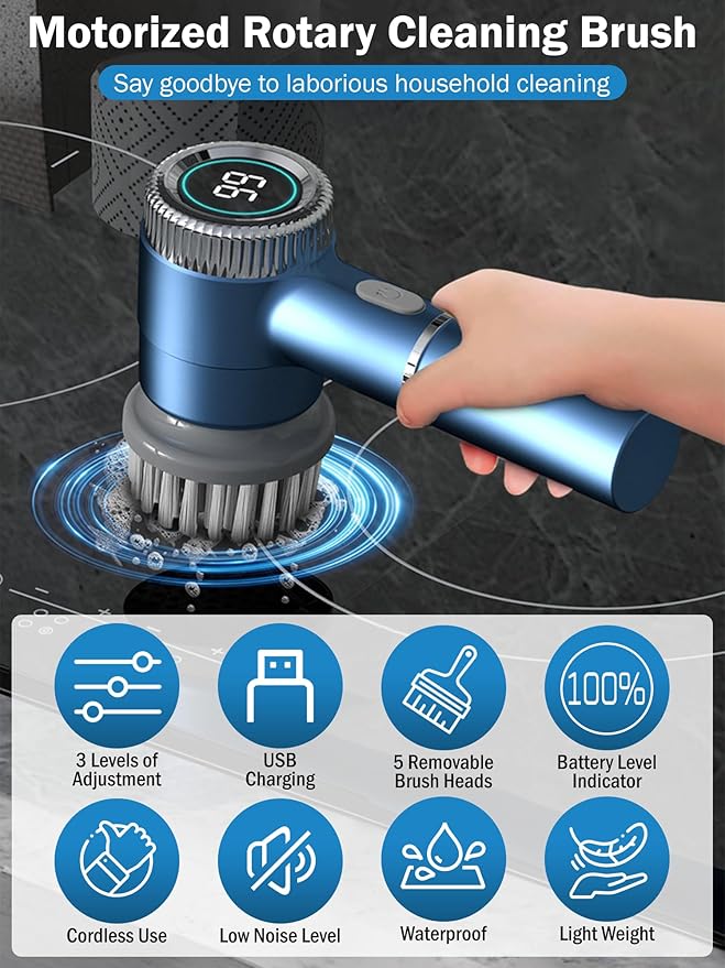 Electric Spin Scrubber,Cordless Electric Scrubber Electric Cleaning Brush with 3 Speeds shower cleaner,Battery Level Display 5 Replaceable Brush Heads,Cleaning Brush for Sink Bathroom Tub Floor Window