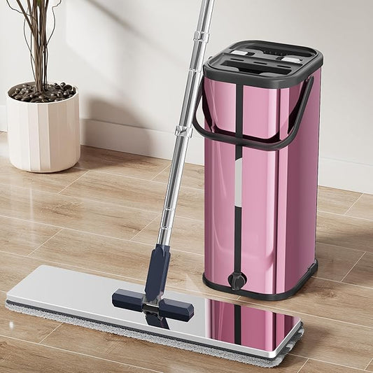 Flat Mop and Bucket for Home with Extra Refills, Stainless Steel Mop and Bucket with Wringer, Hands-Free Mop, Wet and Dry Use Mop with Long Handle (Purple)