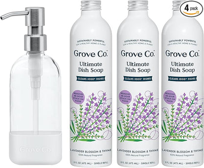 Grove Co. Ultimate Dish Soap Refills (3 x 16 Fl Oz) + Refillable Glass Dish Soap Dispenser for Kitchen Sink with Non-Slip Silicone Sleeve, Plastic Free Cleaning Products, Lavender Blossom & Thyme