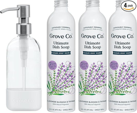 Grove Co. Ultimate Dish Soap Refills (3 x 16 Fl Oz) + Refillable Glass Dish Soap Dispenser for Kitchen Sink with Non-Slip Silicone Sleeve, Plastic Free Cleaning Products, Lavender Blossom & Thyme