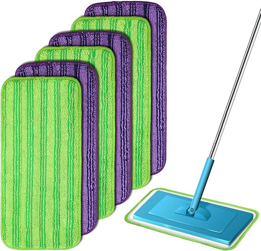 6pcs Mop Pads Refills, Reusable Spray Mop Pads Replacement Washable Microfiber Wet Mopping Pads Dry Sweeping Cloths Refills Wet Jet Pads Compatible with Swiffer (Green, Purple)