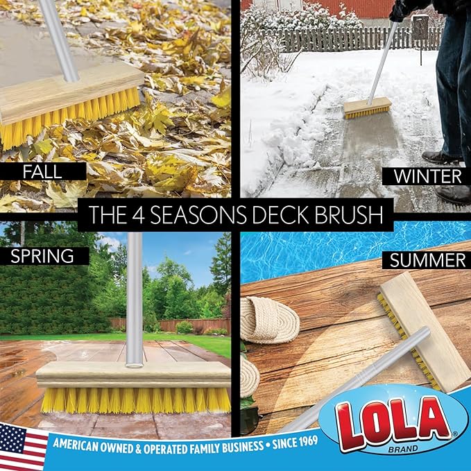 Lola Products Deck Scrub Brush Broom, 9" x 3.5" Wide, Durable Bristles Remove Dirt, Grime, Grout, Leaves, Snow on Patios, Decks, Wet or Dry, 1 Count