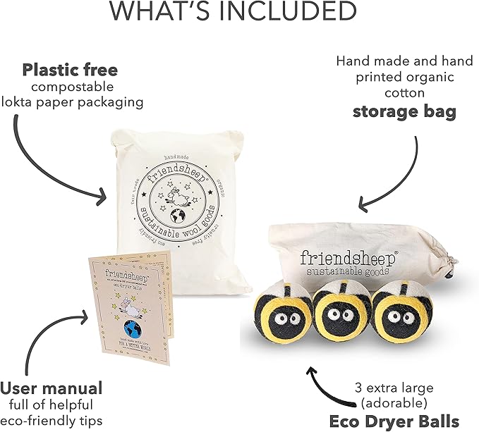 Wool Dryer Balls by Friendsheep 3 Pack XL Organic Premium Reusable Cruelty Free Handmade Fair Trade No Lint Fabric Softener Busy Honey Bee Trio