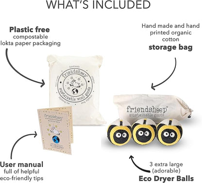 Wool Dryer Balls by Friendsheep 3 Pack XL Organic Premium Reusable Cruelty Free Handmade Fair Trade No Lint Fabric Softener Busy Honey Bee Trio