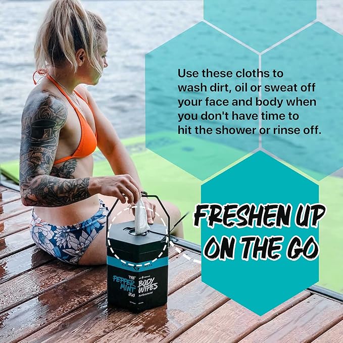Body Wipes - for Face and Body, No Water, Wipe Away Sweat and Odor, Large Textured, Travel, Gym, Camping and More, 120 Cnt Jug (Peppermint)